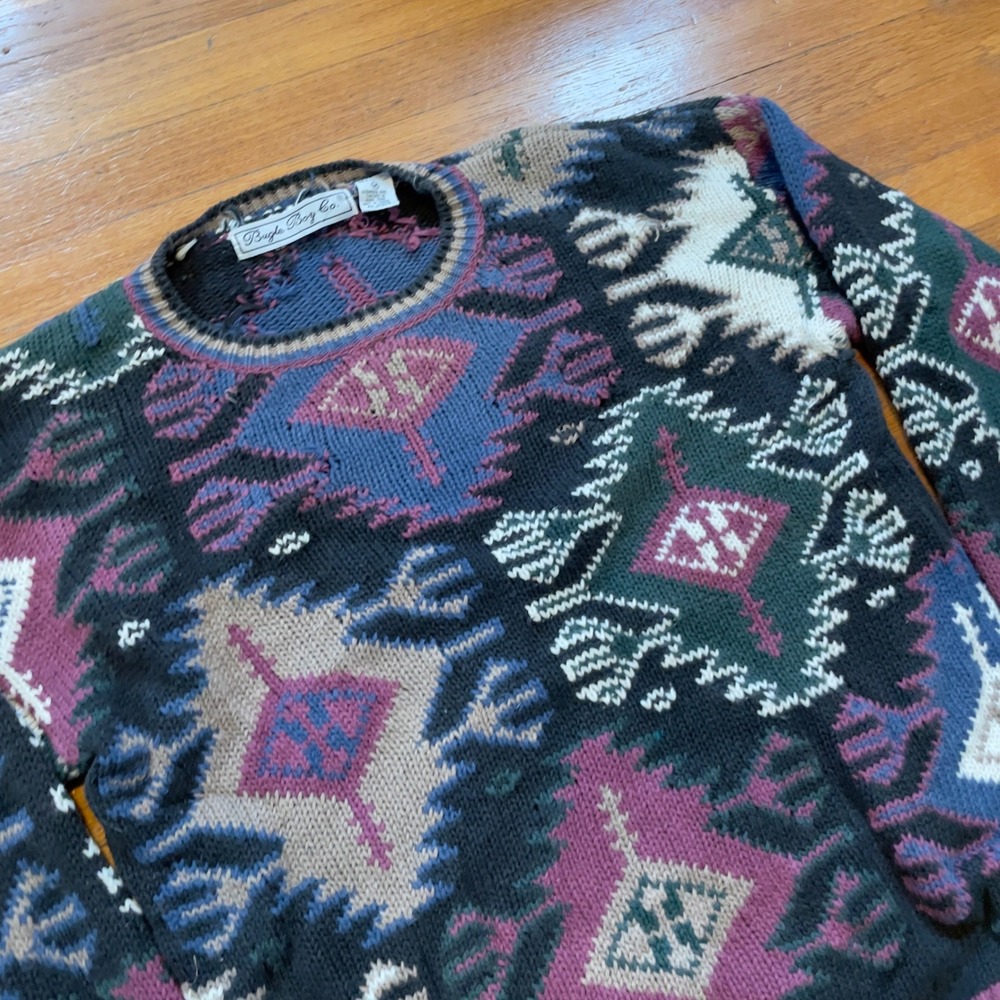 VTG 80s 90s Bugle Boy Aztec Abstract‎ Pattern Knit Sweater M Ramie Cotton Coogi - Picture 2 of 6